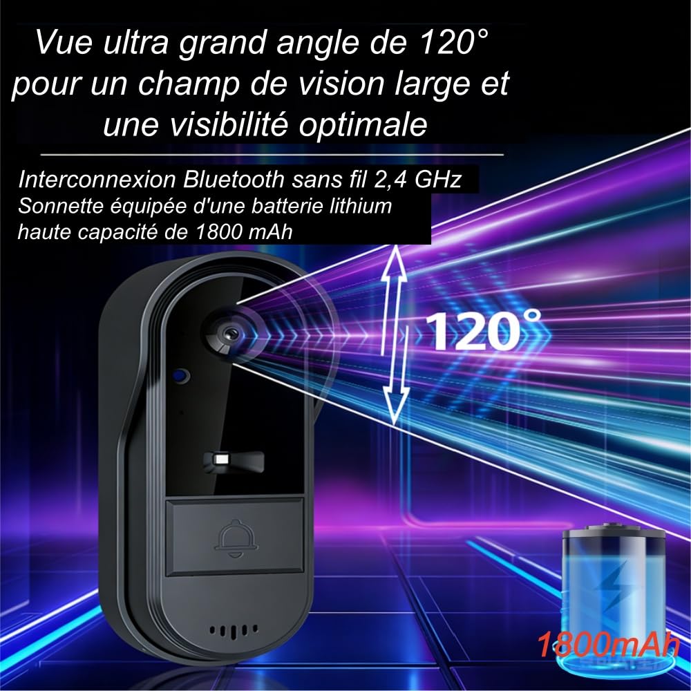TKMARS Sonnette sans Fil Extérieur Étanche avec Caméra,Portier Vidéo Étanche IP65,Visiophone sans Fil Écran HD 4.3",120° Grand Angle,Communication Bidirectionnelle,Capture d'image Automatique
