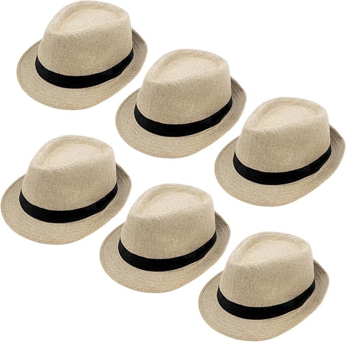 6 Pack Short Brim Fedora Hats, Panama Straw Hats Bulk for Men & Women,1920s Sun Hat Trilby Hat for Beach Party Costume (Beige)