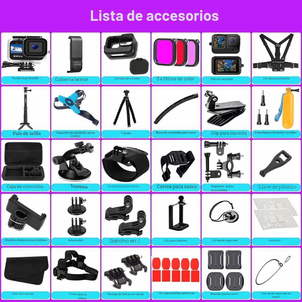 Kit de Accesorios para Gopro Hero 13 12 11 10 9 Carcasa de Silicona Impermeable Negra Funda de Casco Barbilla con Protector de Pantalla de Vidrio Go Pro Hero13 Hero12 Hero11 Hero10 Hero9