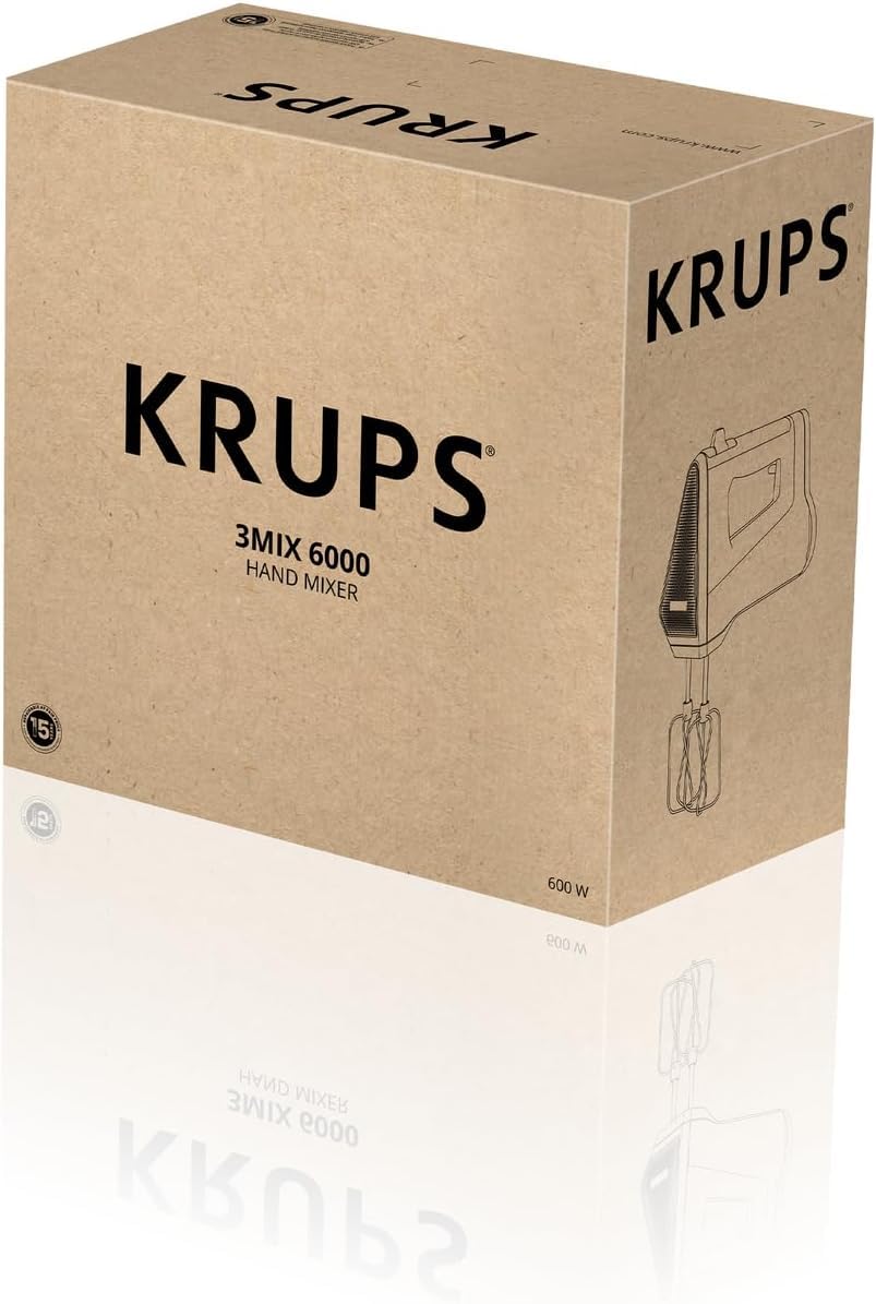 Krups GN6028 3MIX 6000 Mikser ręczny moc 600 W, precyzyjna kontrola, uchwyt Soft-Touch, długi kabel, regulator prędkości, w zestawie parę trzepaczek i hak, czarny