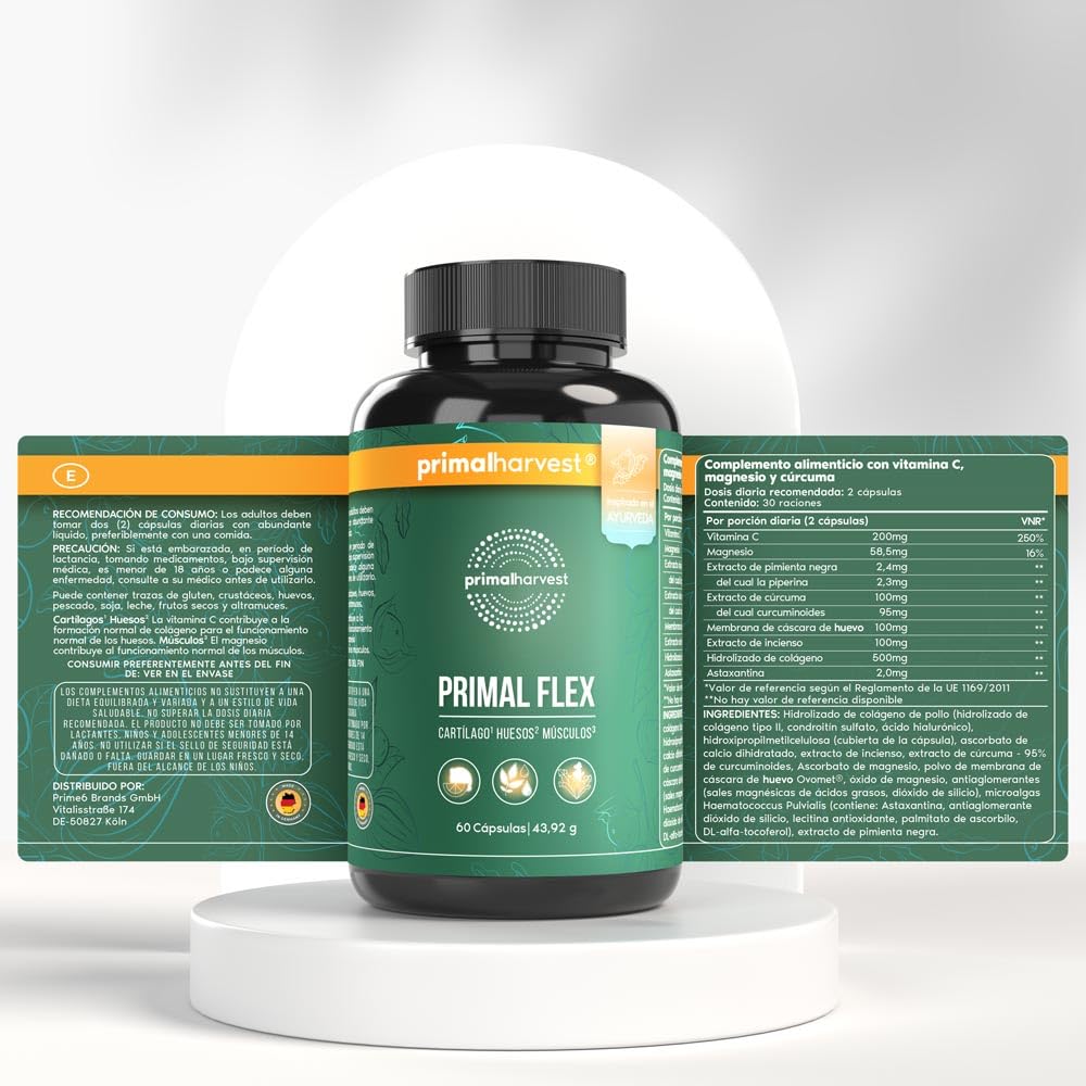 Primal Harvest® Gelenk Aktiv Plus – 60 cápsulas altas y probadas en laboratorio con magnesio y vitamina C – ácido hialurónico, colágeno