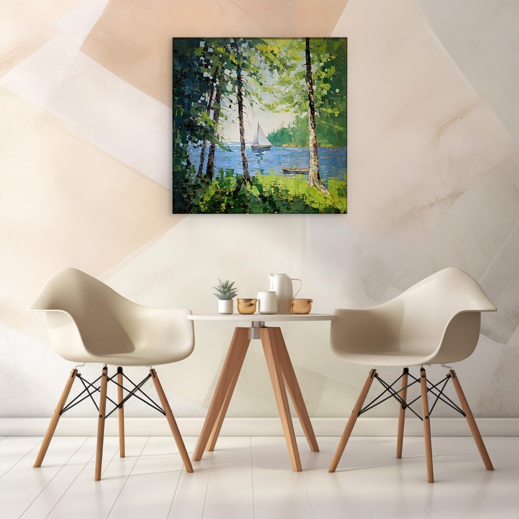 Canvas for Living room. Sailing Into Serenity: A Vivid Oil Painting of Tranquil River Elegance, 27 x 18 inch Canvas Wall Art - Contemporary Masterpieces - Modern Home Decor