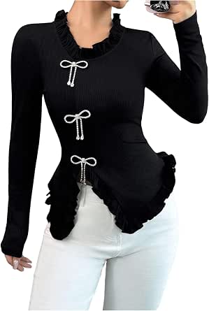 Floerns Women's One Shoulder Long Sleeve Crop Top - Rhinestone Party Tee Shirt - View #14