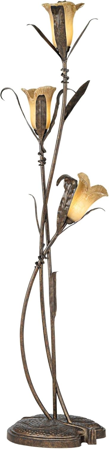 Franklin Iron Works Intertwined Rustic Floor Lamp with USB Charging Port 3-Light 68 1/4" Tall Bronze Gold Lily-Shaped Amber Glass Shade for Cottage Core Living Room Reading House Bedroom Home Office