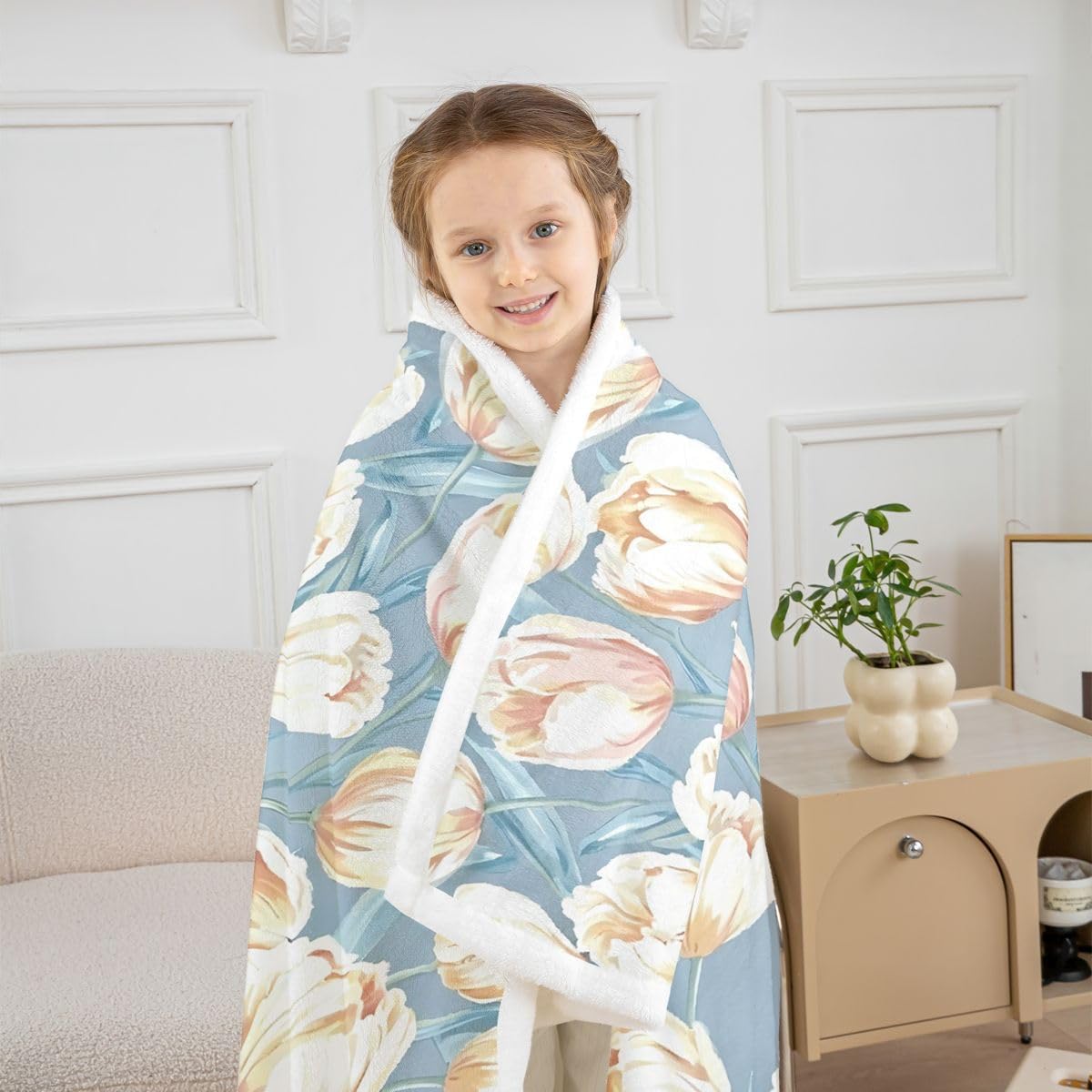 Feelyou Flower Sherpa Blanket Plush Fuzzy Tulip Fleece Throw Blanket Boys Girls Floral Print for Bed Couch Chair Living Room Blue Bedroom Decor Twin 60"x80" image 5