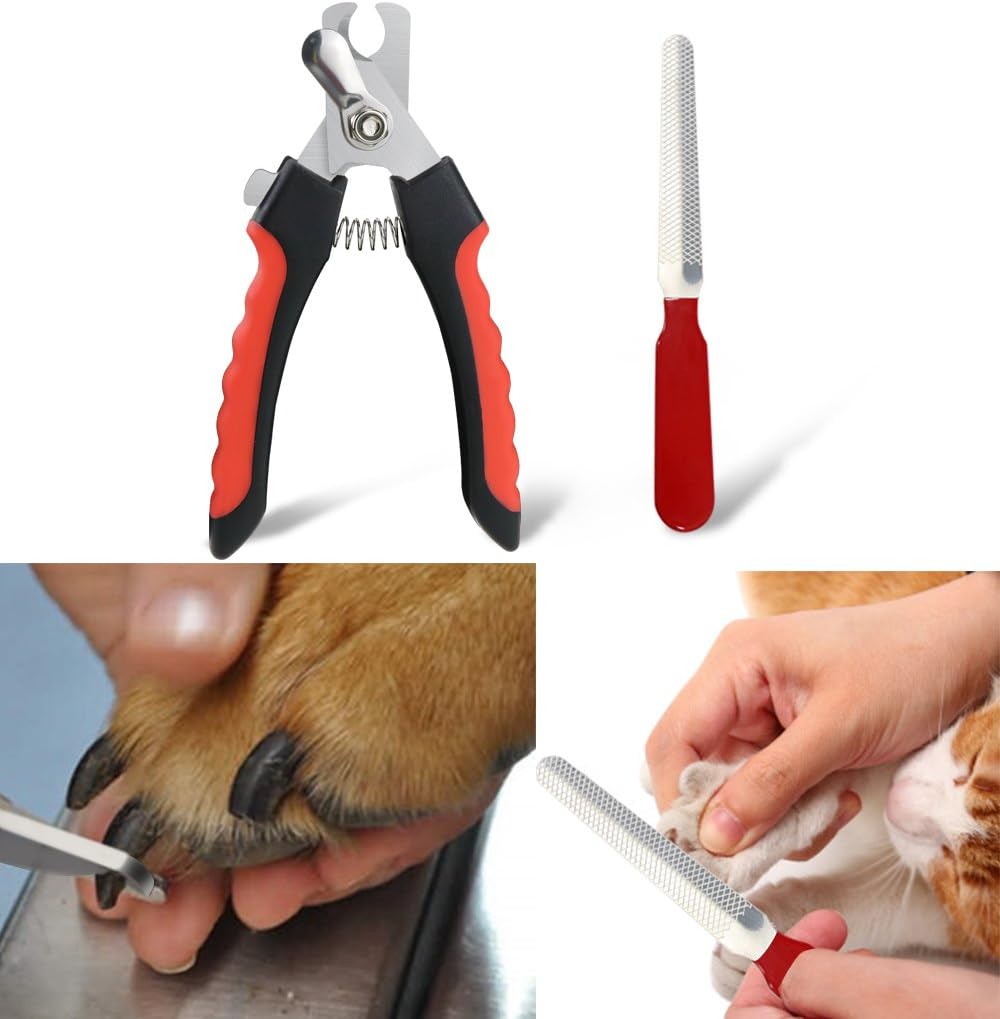 CEESC Pet Nail Clipper for Dogs and Cats, Sharp Nail Trimmer with Nail File Together, Red Essential Grooming Kit