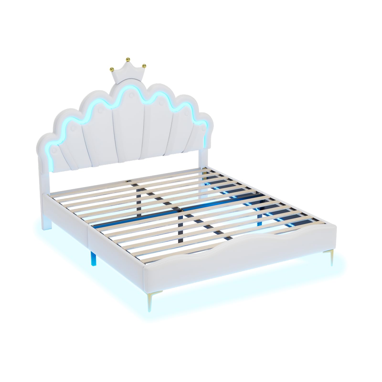 PerGar Lit de princesse pour fille - Avec barre lumineuse LED - Coussin en cuir synthétique souple - Lit de princesse avec hauteur de tête de lit réglable (blanc, 140 x 200 cm)