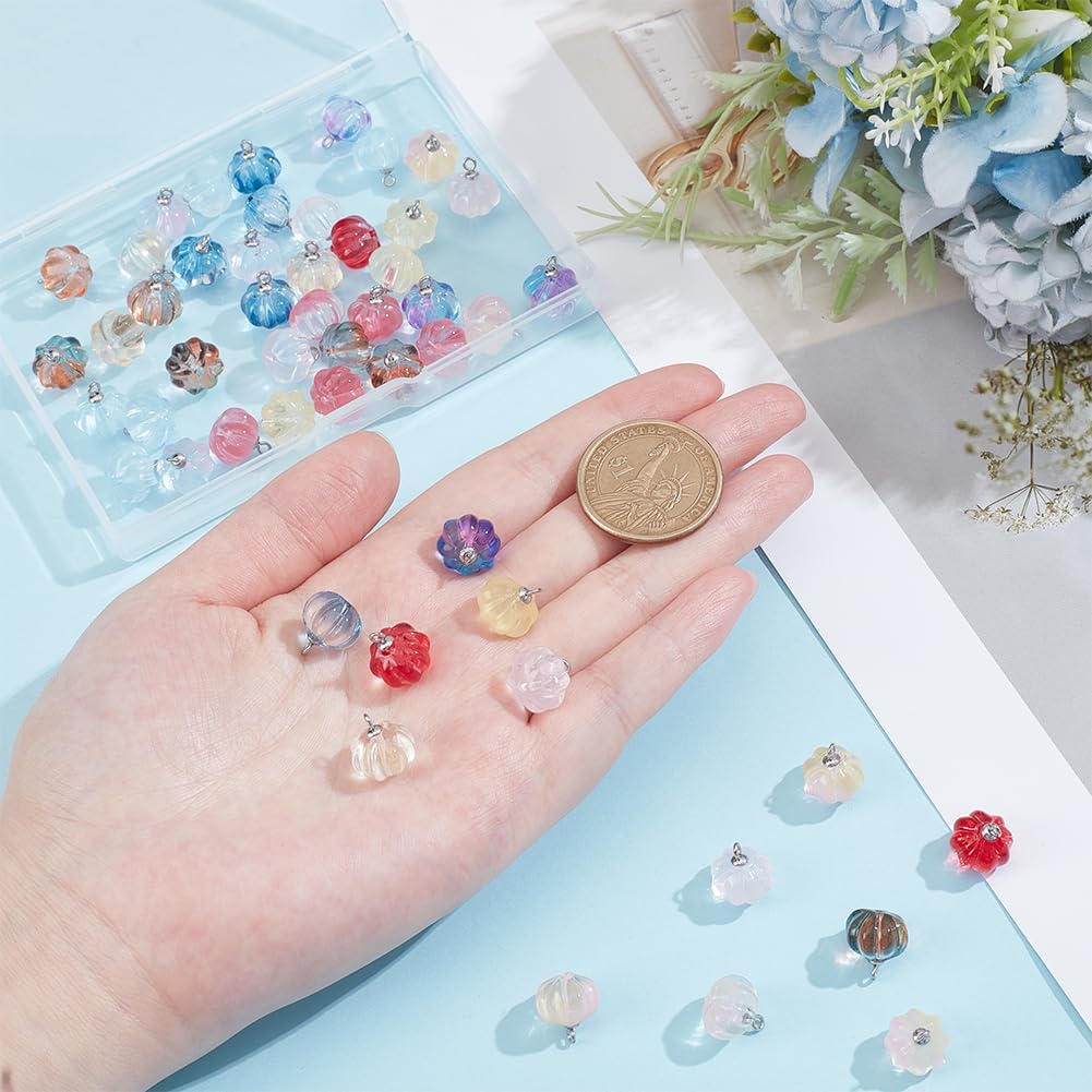 PH PandaHall 50pcs Pumpkin Charms for Jewelry Making Glass Dangle Charms, 12x11mm Colorful Transparent Pumpkin Crystal Charm Pendants for Bracelets Necklace Earrings DIY Crafts Accessories - Image 3