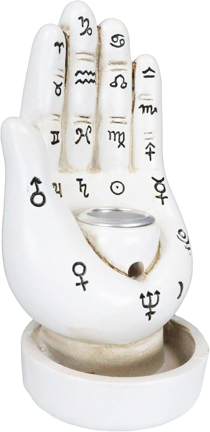Ebros Gift Ancient Mystical Psychic Fortune Teller Chirology Palmistry Hand Palm with Lines and Symbols Backflow Incense Cone Burner Figurine Decor Witchcraft Spiritual Accent (Black and White Set)