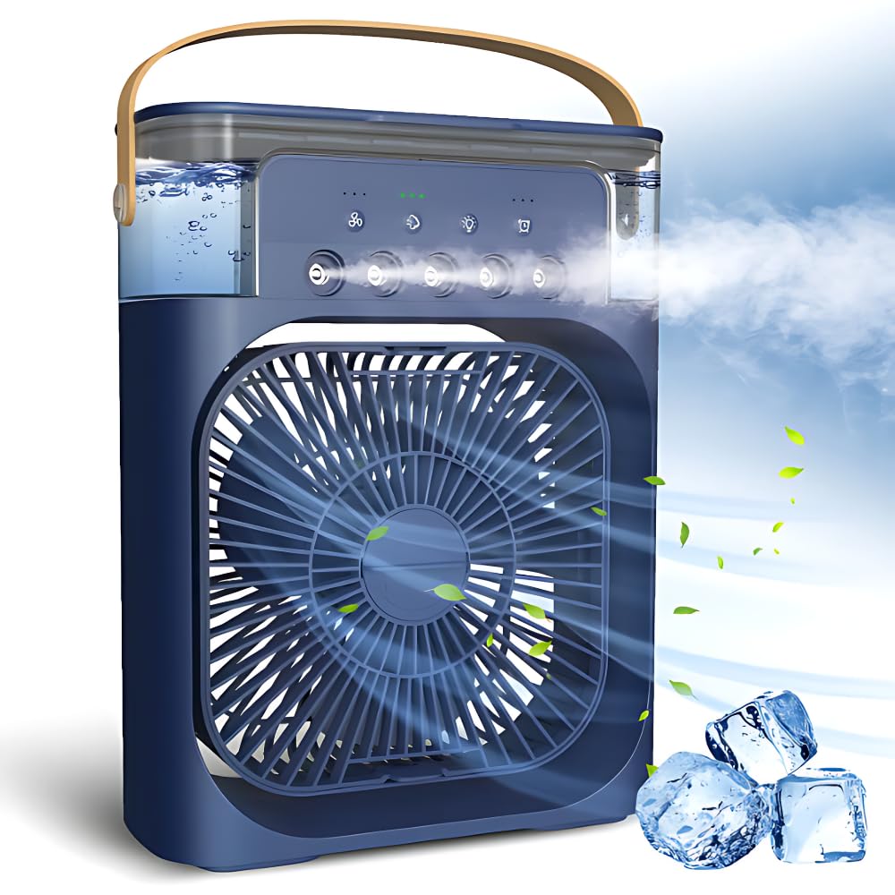 Drumstone (15 YEARS WARRANTY) Personal Air Cooler, Portable Air Conditioner Fan, Mini Evaporative Cooler with 7 Colors LED Light, 1/2/3 H Timer, 3 Wind Speeds and 3 Spray Modes for Your Desk-Blue
