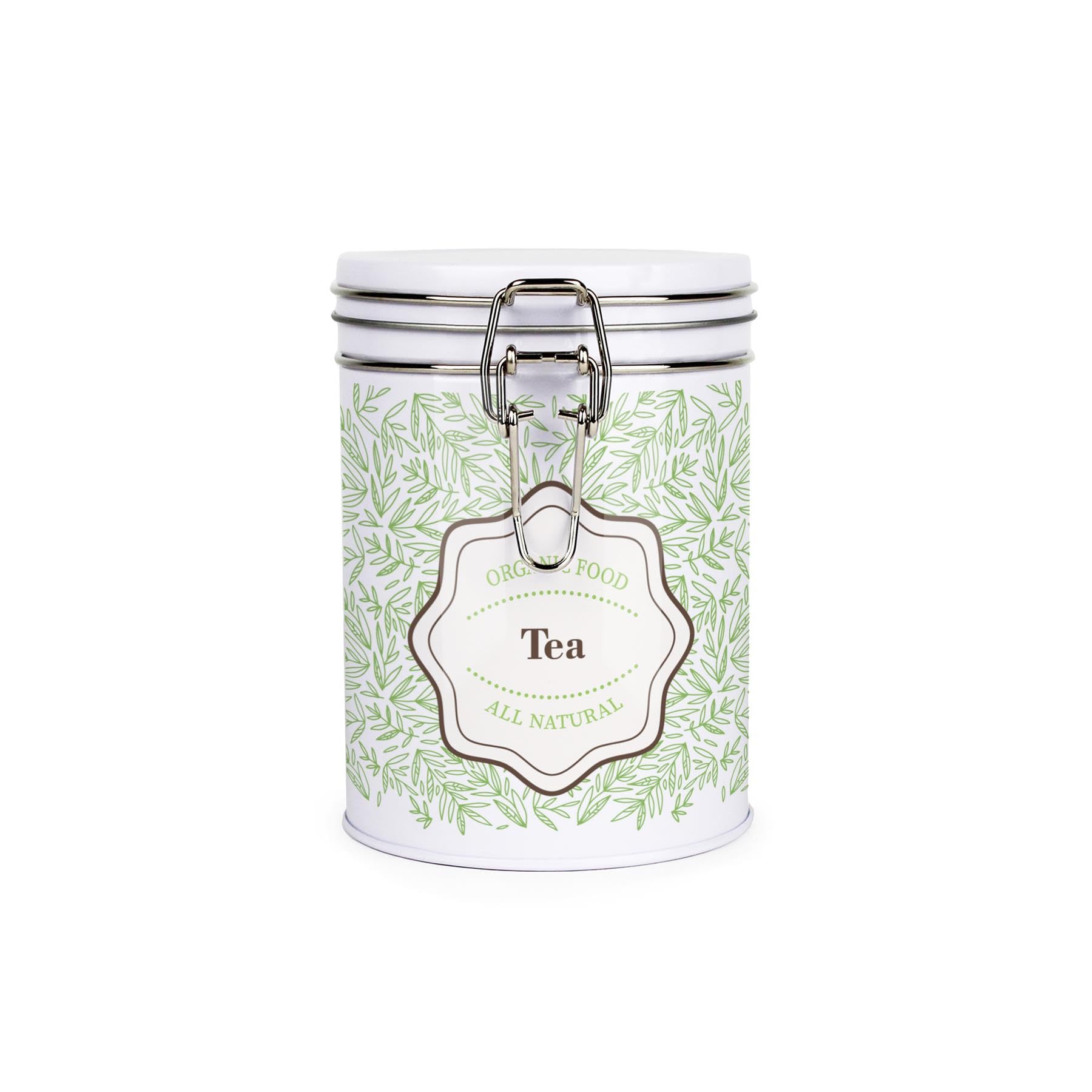 Organic Green Leaves Tea Storage Canister - Stylish Green Home Décor - White Metal Clip Lid Kitchen Drinks Essentials & Food Storage Jar/Container 700ml (13cm x 9.5cm) - Housewarming Gift