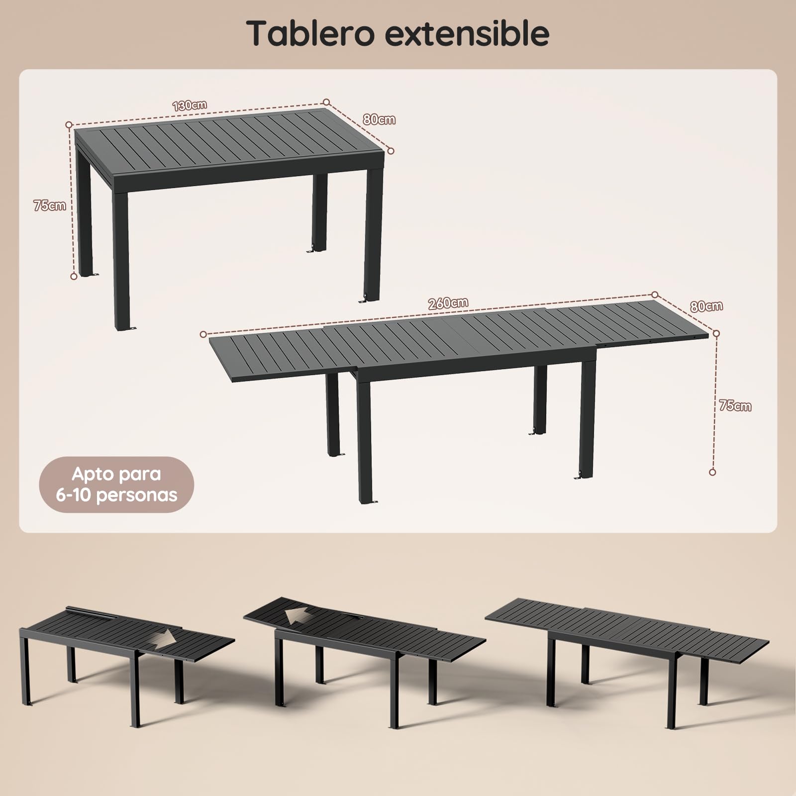 Devoko Mesa De Jardín Extensible,130 X 80 X 75 Cm,Mesa Exterior Extensible Aluminio,Muebles De Jardín para Balcones Y Terrazas, Se Extiende hasta 260 Cm, Gris Oscuro