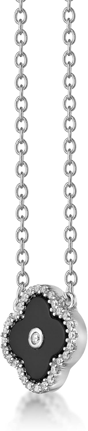 Lavari Jewelers Malachite, Black Onyx or Mother of Pearl and Cubic Zirconia Flower Pendant Necklace for Women in 925 Sterling Silver with Gold Plating on 16 to 18 Inch Adjustable Chain Spring Ring - Image 3