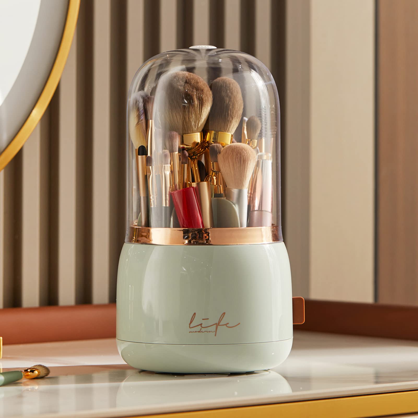 LtyTz Makeup Brush Holder Organizer with Lid, Rotating Dustproof Make Up Brushes Organizer with Clear Acrylic Cover for Vanity Desktop Bathroom