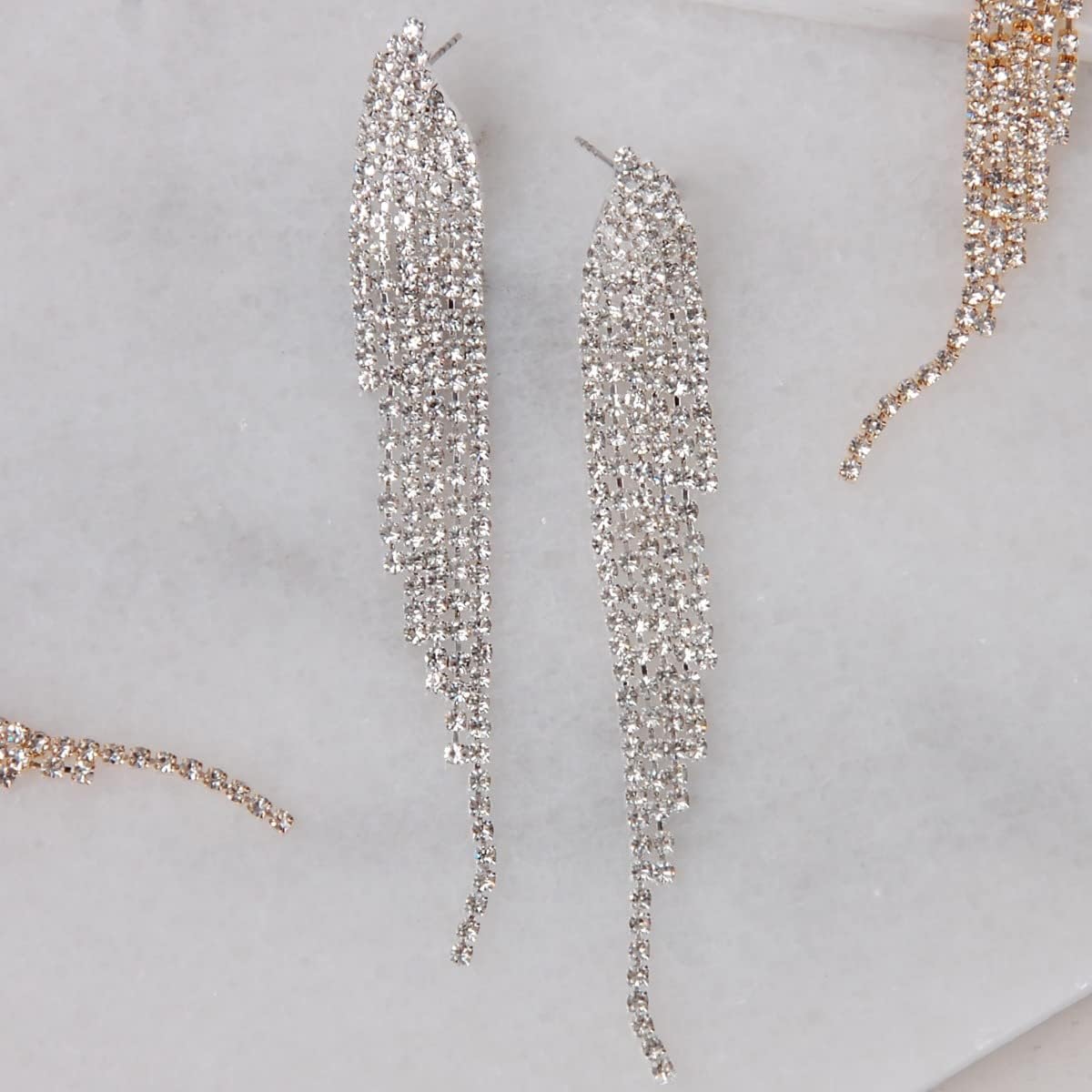 Humble Chic Simulated Diamond Earrings - Darling Waterfall Tassel CZ Statement Chandelier Studs, Silver - Image 3