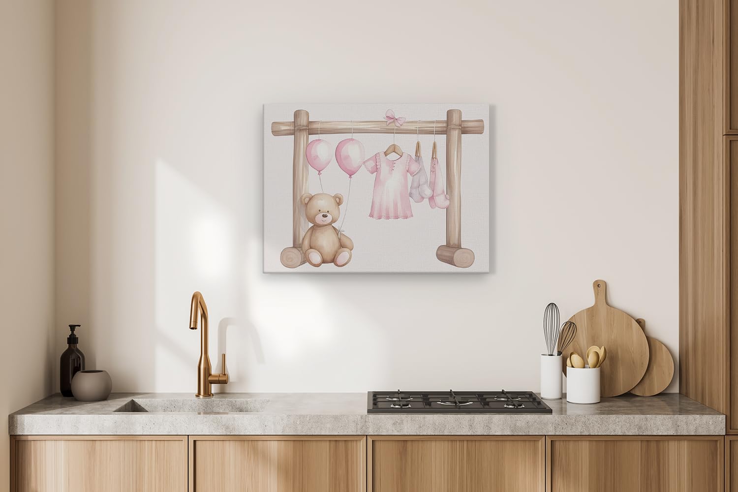 Artaza Leinwand Bilder Baby Mädchen Kleidung Rosa - 80x60 cm - Wanddeko Kinderzimmer - Wandbilder Teddybär - Deko Luftballons - Rosa
