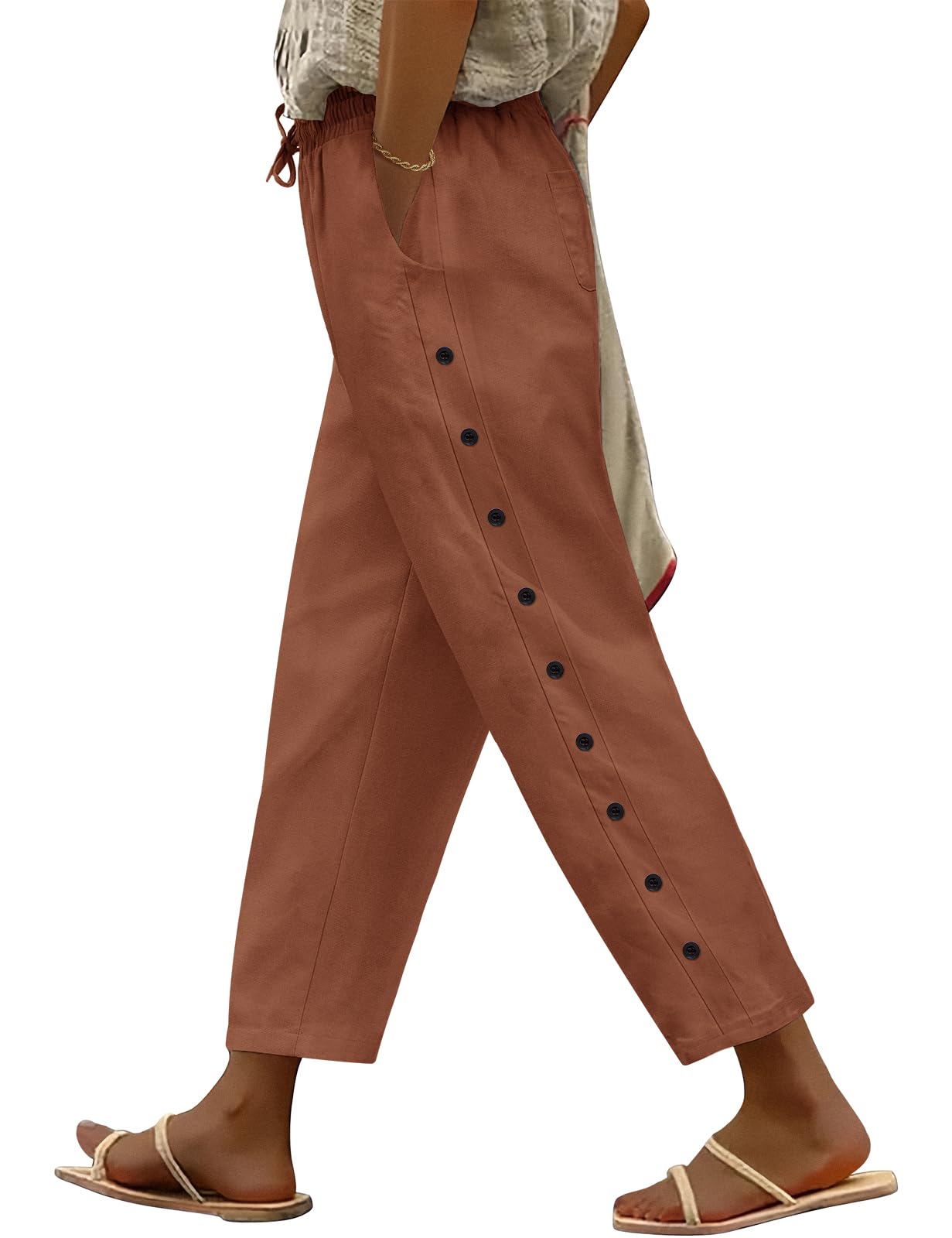 Voqeen Pantalones Verano Mujer Frescos Elástico Casuales Pantalón Anchos de Algodón Ligeros y Cómodos Pantalones Largo con Bolsillos Cordón 7/8 Pantalón de Playa Cintura Alta Suelto