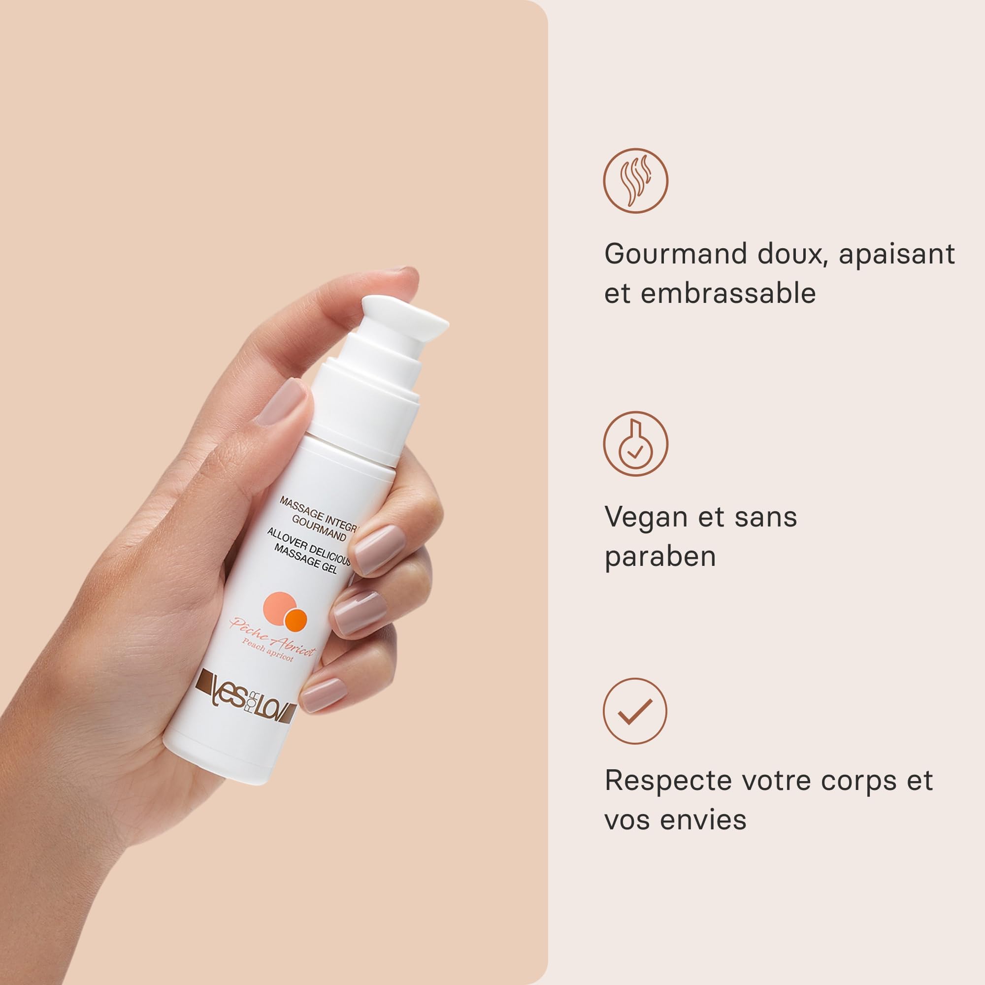 YESforLOV Gel Massage Lubrifiant Comestible Goût Pêche-Abricot - Huile de Massage Gourmande pour Corps et Parties Intimes, Douce et Non Collante - Fabriqué en France - 50ml