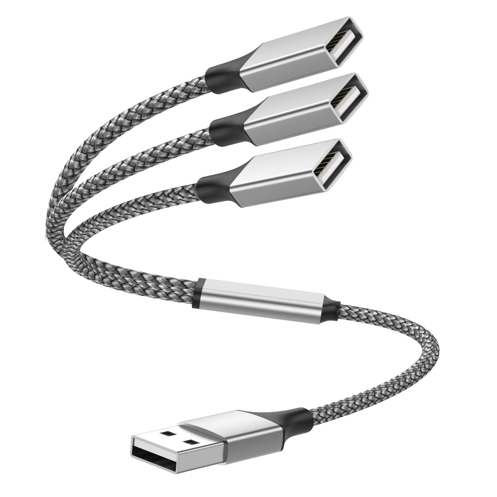 Rozdzielacz USB Y 3 w 1, kabel USB A męski na 3 żeński do komputera PC, laptopa, MacBooka, klawiatury, PS4, PS5, pendrive/LED itp. (srebrny)