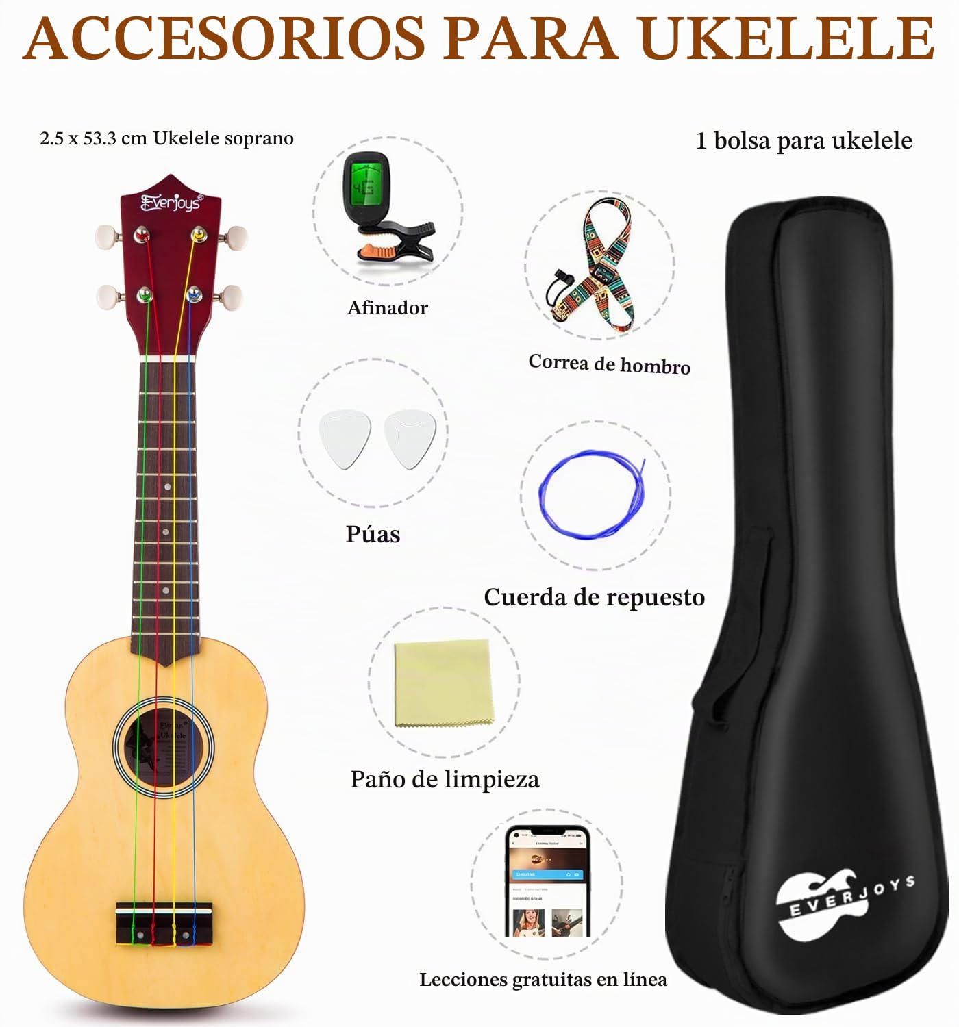 Ukelele Soprano, Principiantes Ukulele Kit 21 Pulgadas, Hawaiano Uqueleles con Bolsa, Afinador, Correa, Todo en un solo juego