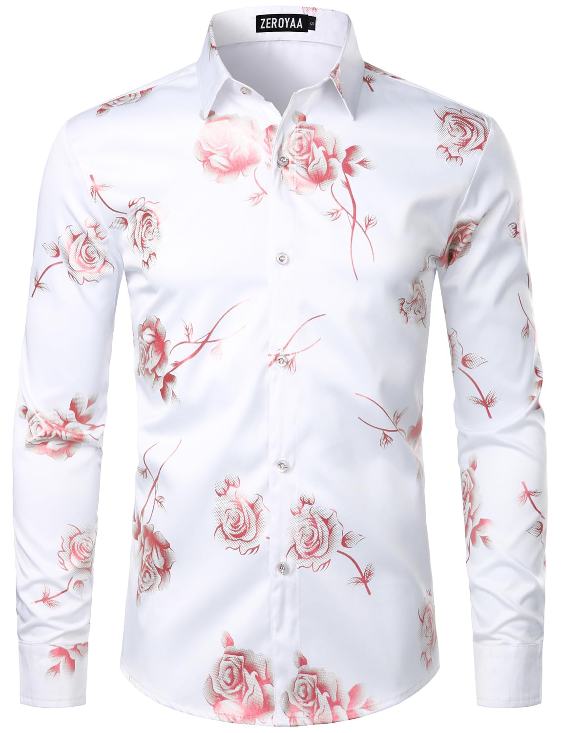 SASSAFRAS Men's Nightclub Shiny Golden 3D Rose Printed Slim Fit Button Down Party Dress Shirt in rose