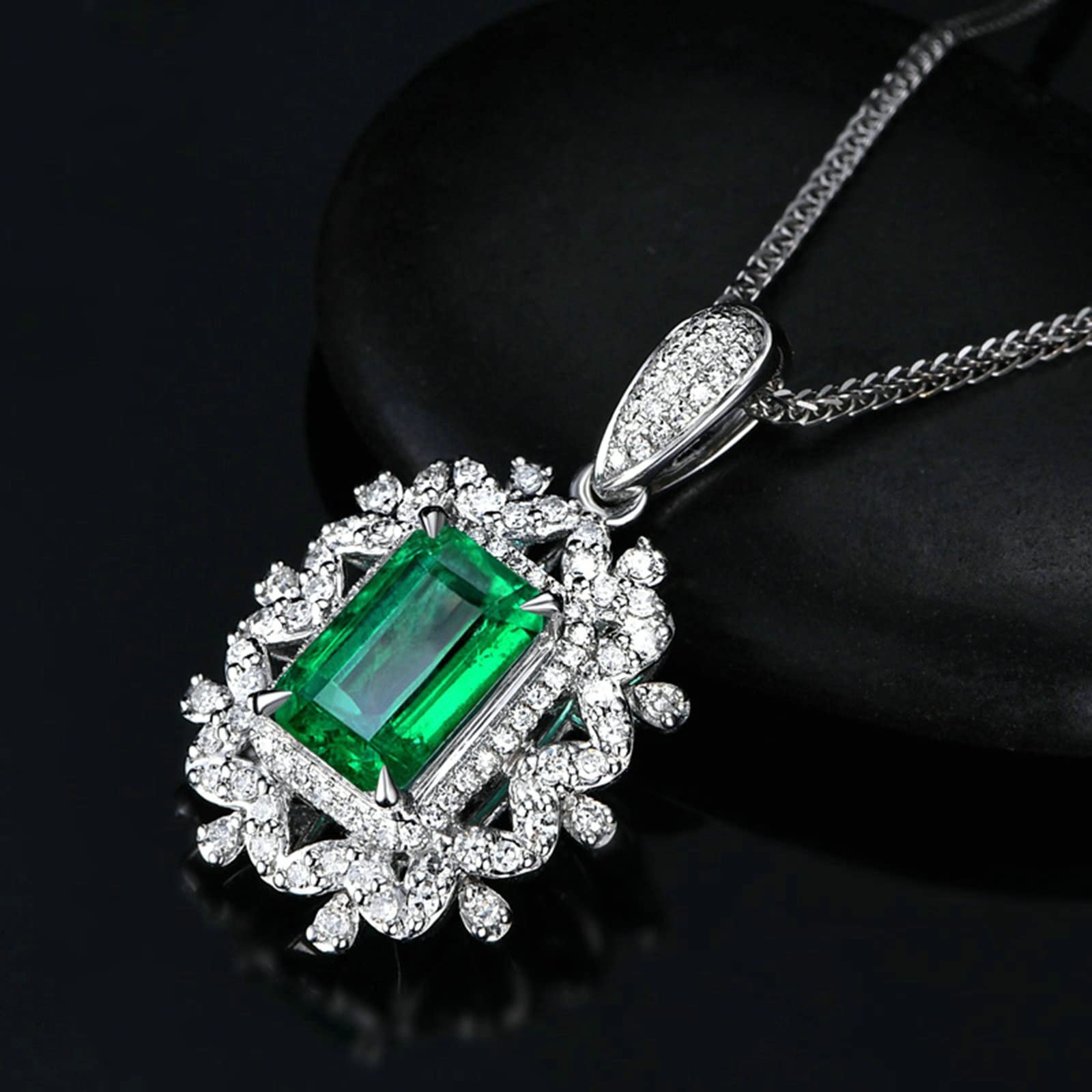 AMDXD Collar de mujer de flores huecas con colgante de oro blanco 750 con esmeralda de 1,45 quilates y cadena de diamantes de oro para mujer y plata, regalo para madre e hija