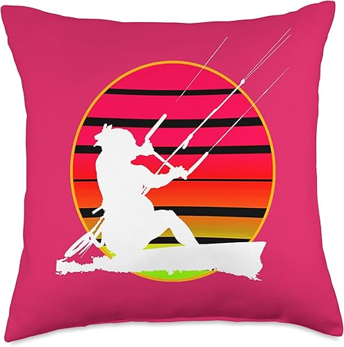 Kitesurf Gifts and Surf Lover Tees by taiche Retro Style Kitesurfer Riding A Wave White Silhouette Throw Pillow, 18x18, Multicolor