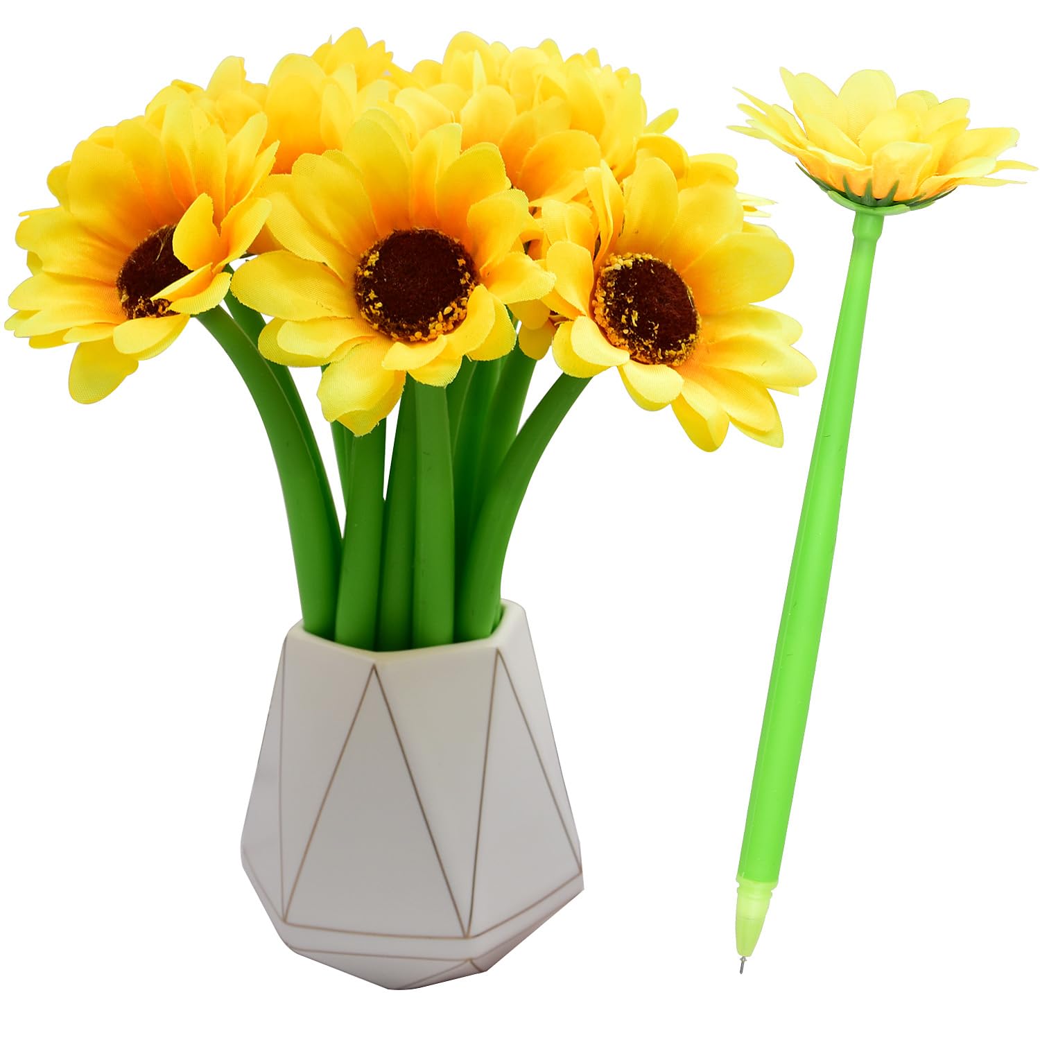 SIPLIV 12Pcs Artificial Flowers Ballpoint Pens Creative Sunflower Rollerball Pen Black 0.5mm Gel Ink Pen for School Office Supplies, Party Favor Decor - Yellow Sunflower B