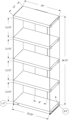 Vista 3 de Monarch Specialties I Librero Etagere de 5 estantes, aspecto contemporáneo con marco de vidrio templado, estantería de 60 pulgadas de alto, (blanco)