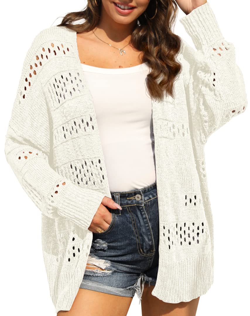 GRECERELLE Women's Casual Summer Crochet Cardigans Loose Oversized Knit Open Front Sweater White