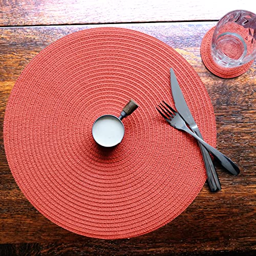 Smaafit Round Braided Placemats Dinner Kitchen Set Of 4 Table Mats For Kitchen Tables Woven Heat Resistant Washable Non-Slip Place Mats 15 Inch For Parties Christmas Holiday Party (Red To Orange, 4) #TOP5