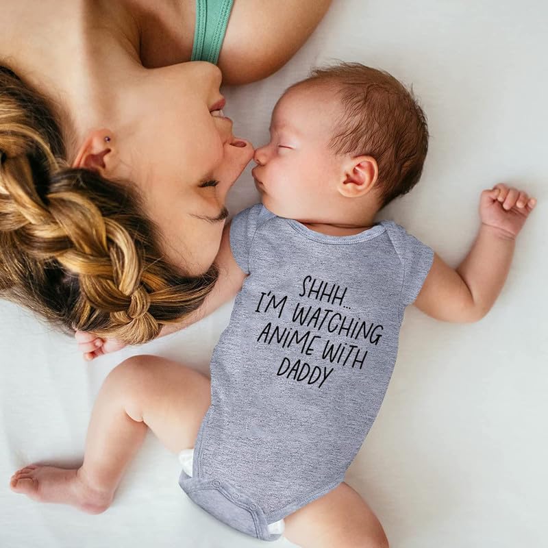 Viuluti I'm Watching Anime With Daddy Baby Romper - Funny Cute Infant Creeper One-piece Bodysuit for Dad and Baby
