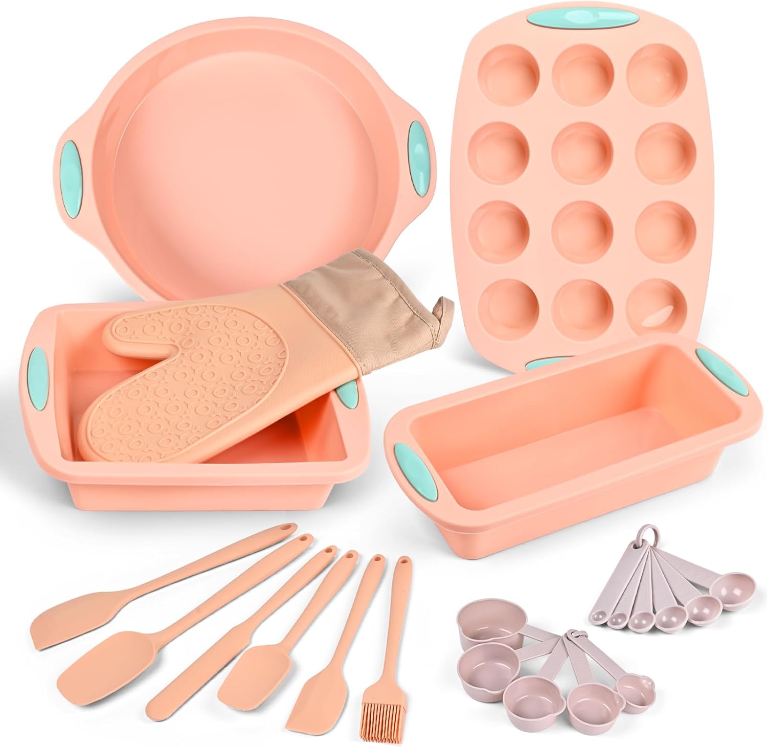 22 Pcs NonStick Silicone Bakeware Sets, Baking Cake Pans, Bread Loaf Cookie Cupcake Pan with Silicone Bakeware Spatula Set and Kitchen Gloves, 446℉ Heat Resistant Baking Tools Kit by Cookass
