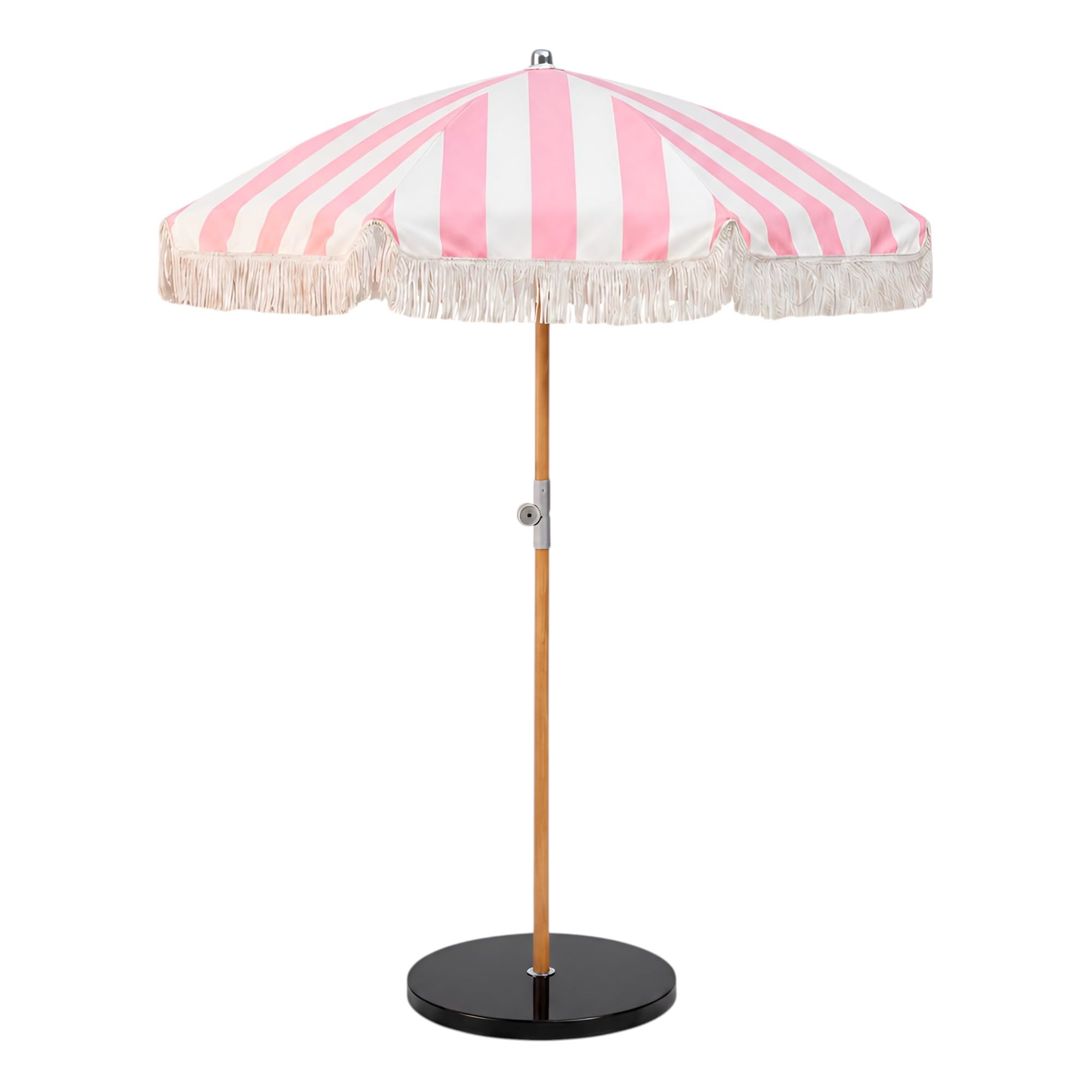 9 Ft Pink & White Striped Patio Umbrella with Fringe, Wooden Pole, Crank Lift & Tilt Mechanism, Garden Beach Outdoor Umbrella with Basic Marble Base Included-image-7