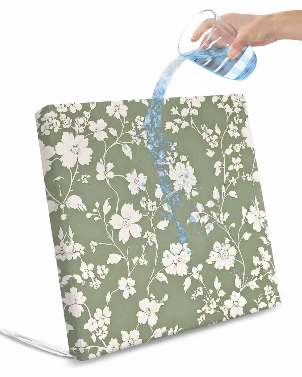White Spring Floral Outdoor Cushion Chair Cover Set of 2 - Waterproof Couch Seat Covers, Summer Flowers Sage Green Pastoral Patio Furniture Protector Cushions Slipcovers for Sofa/RV, 22
