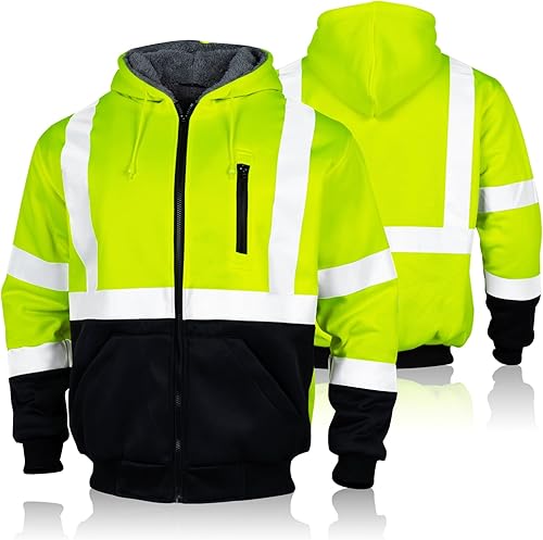 FONIRRA - Sudadera masculina con capucha de alta visibilidad, con forro polar, seguridad ANSI clase 3, chaqueta de trabajo de parte inferior negra