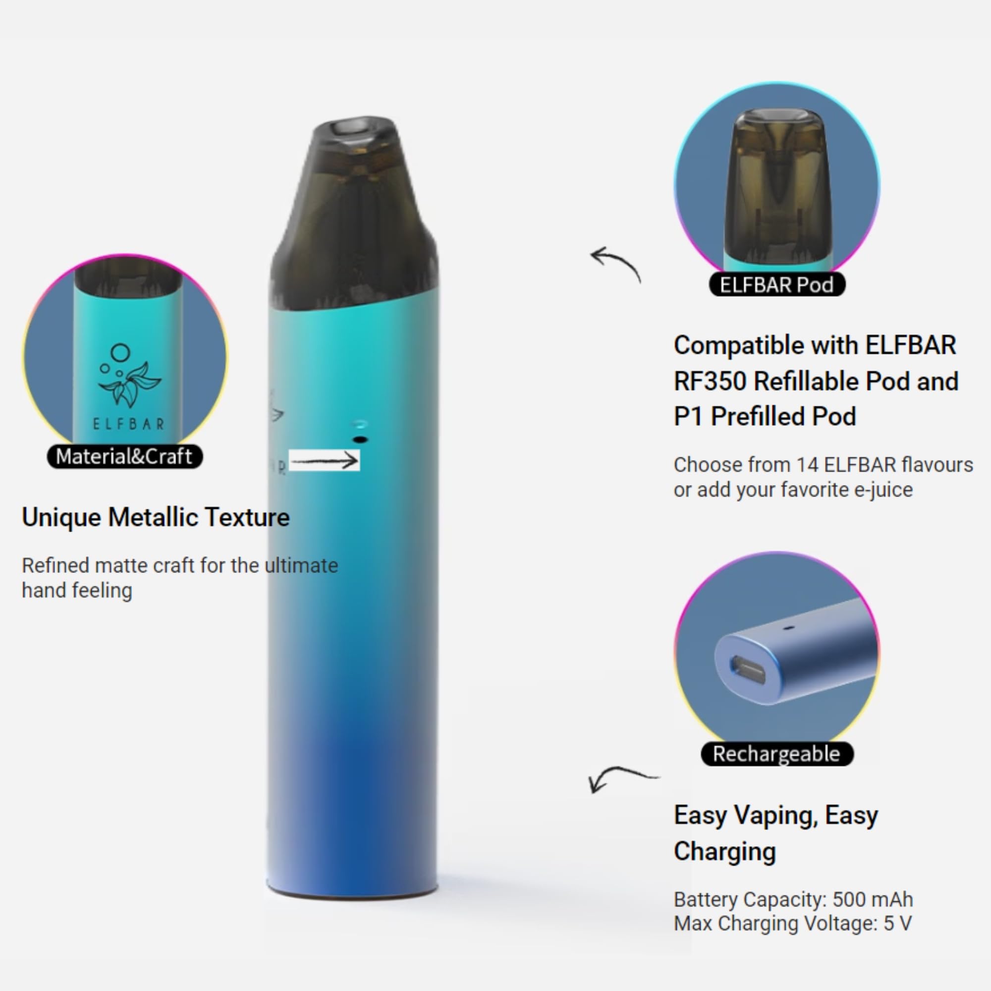 Elf Bar Mate 500 Pod Vape Starter Device Replacement Battery - 500mAh MTL  Smooth Vaping E-Cigarette USB Type-C Fast Charging