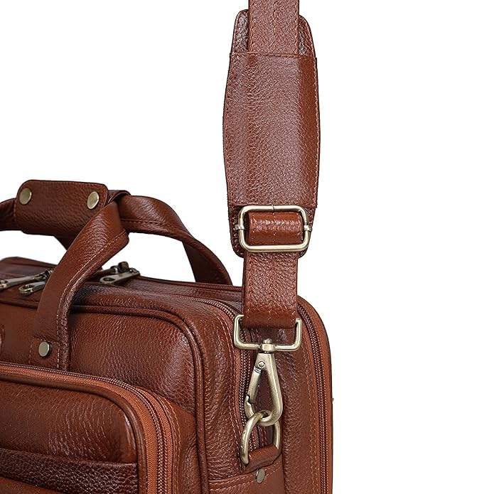 Image of Full-Grain Natural Genuine Pure Orginal Leather Office Briefcase Laptop Messenger Shoulder Bags For Mens Man Office Use 15.6 Inch cabin szie travelling Size-L-16'' X H-12'' X W- 6''