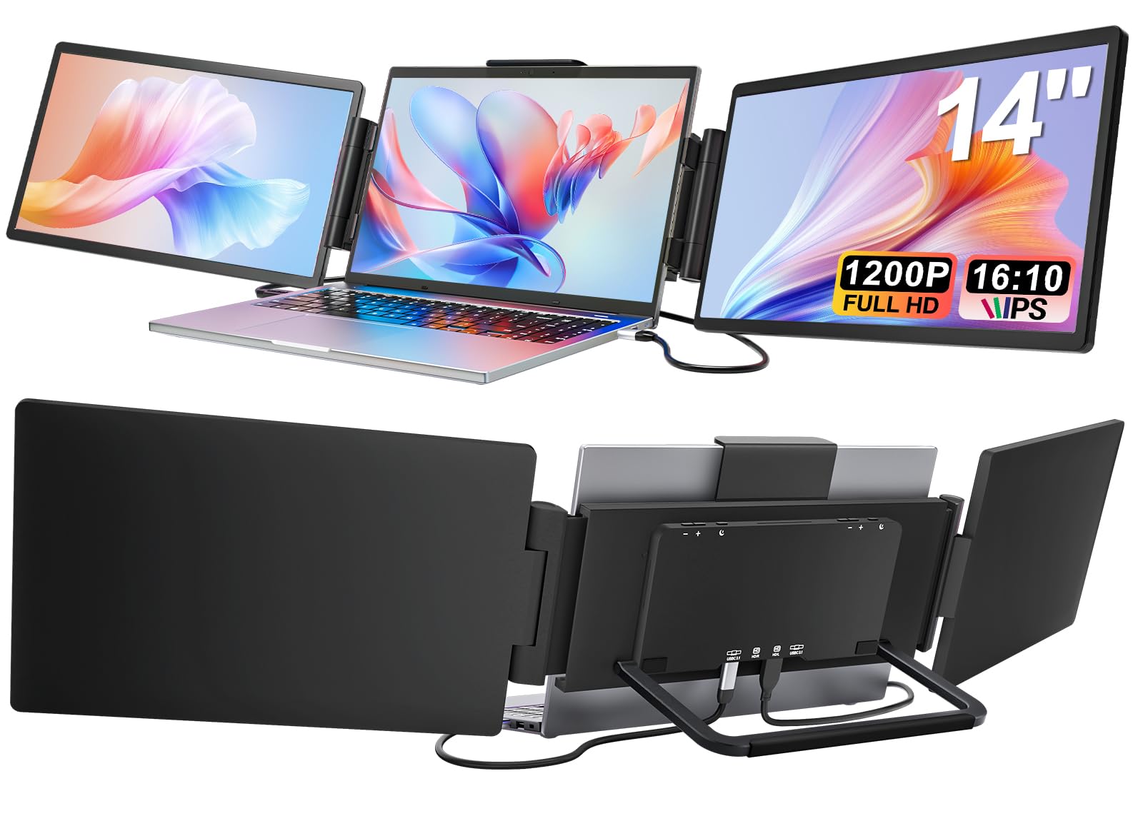 Laptop Screen Extender, 14" 1200P FHD IPS Triple Portable Monitor 16:10 for 13.3"-16" Laptops, Type-C/HDMI Plug & Play Extended Monitor for Mac/Wins/