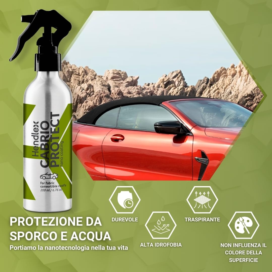 Hendlex Cabrio Protect, Impermeabilizzante Capote, Spray Nano per Tessuto Auto e Protezione Idrorepellente, Trattamento Tetto Cabrio, 200ml