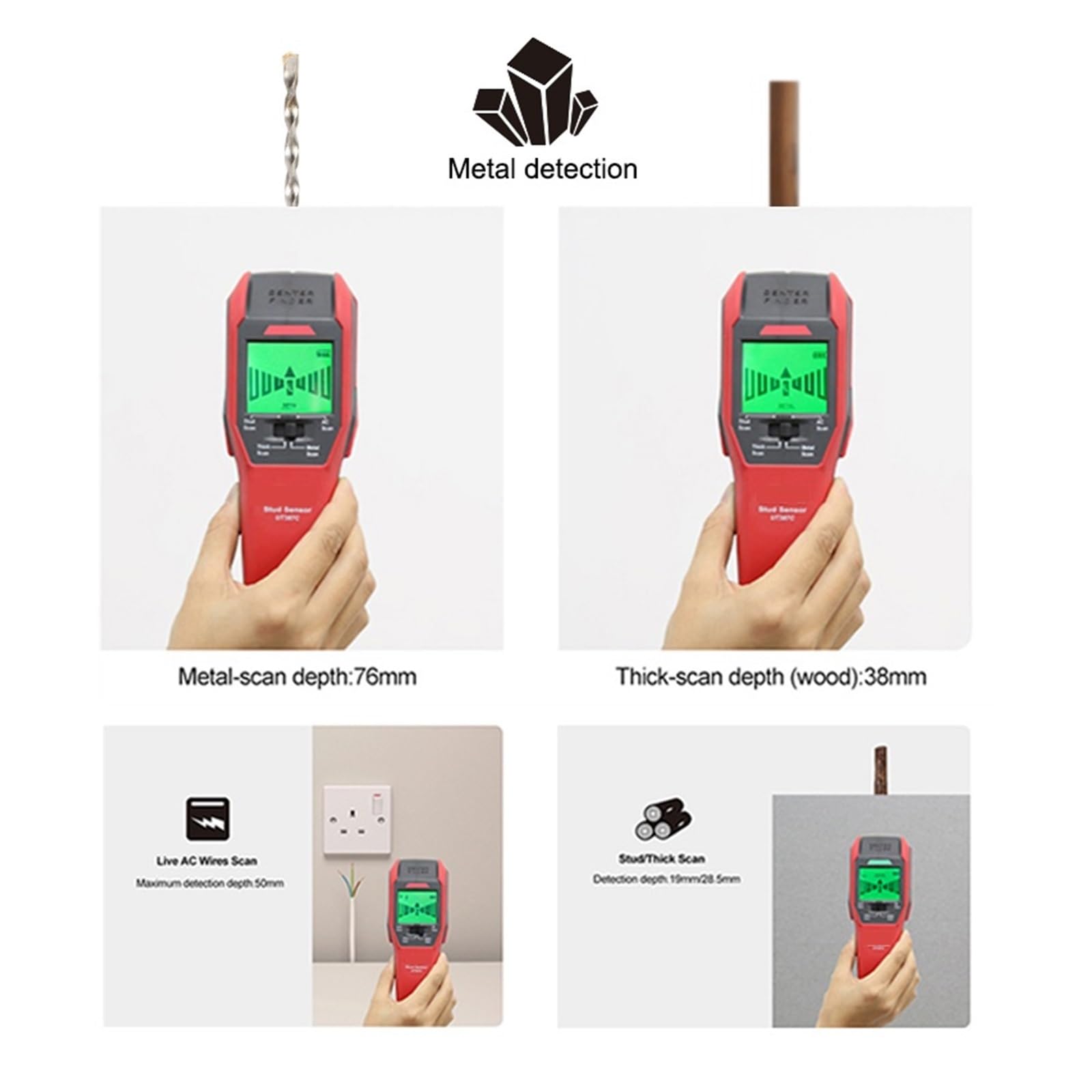 Escáner De Pared Digital, Buscador Pernos, Sensor 4 En 1, Buscadores Haz, Detector Cables, Cable CA, Medidor Detección Vivos Metal Localiza Precisión Rapidez