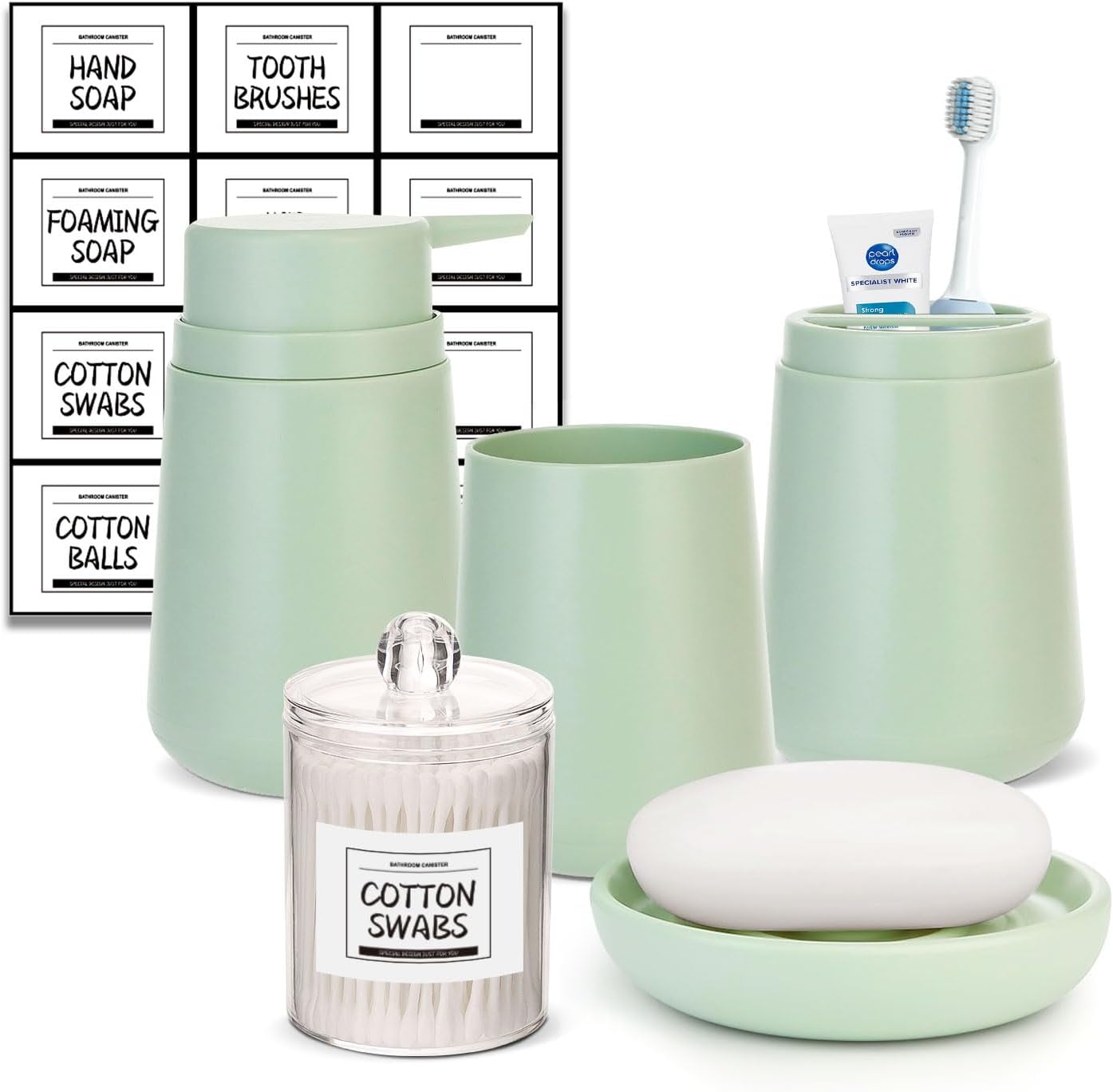 IMAVO Green Bathroom Set,5 Piece Bathroom Gift Set,Toothbrush Holder,Toothbrush Cup,Soap Dispenser,Soap Dish and Q-tip Holder,Green