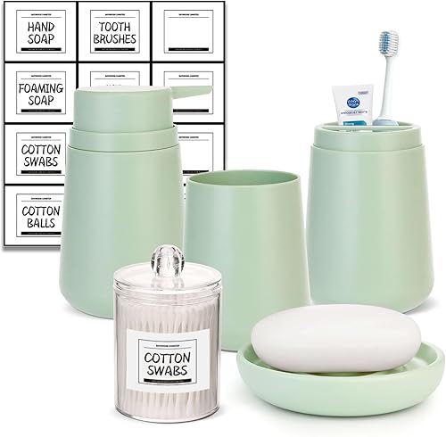 IMAVO Juego de accesorios de baño, dispensador de loción de jabón, jabonera, soporte para cepillo de dientes, vaso para cepillo de dientes, juego de