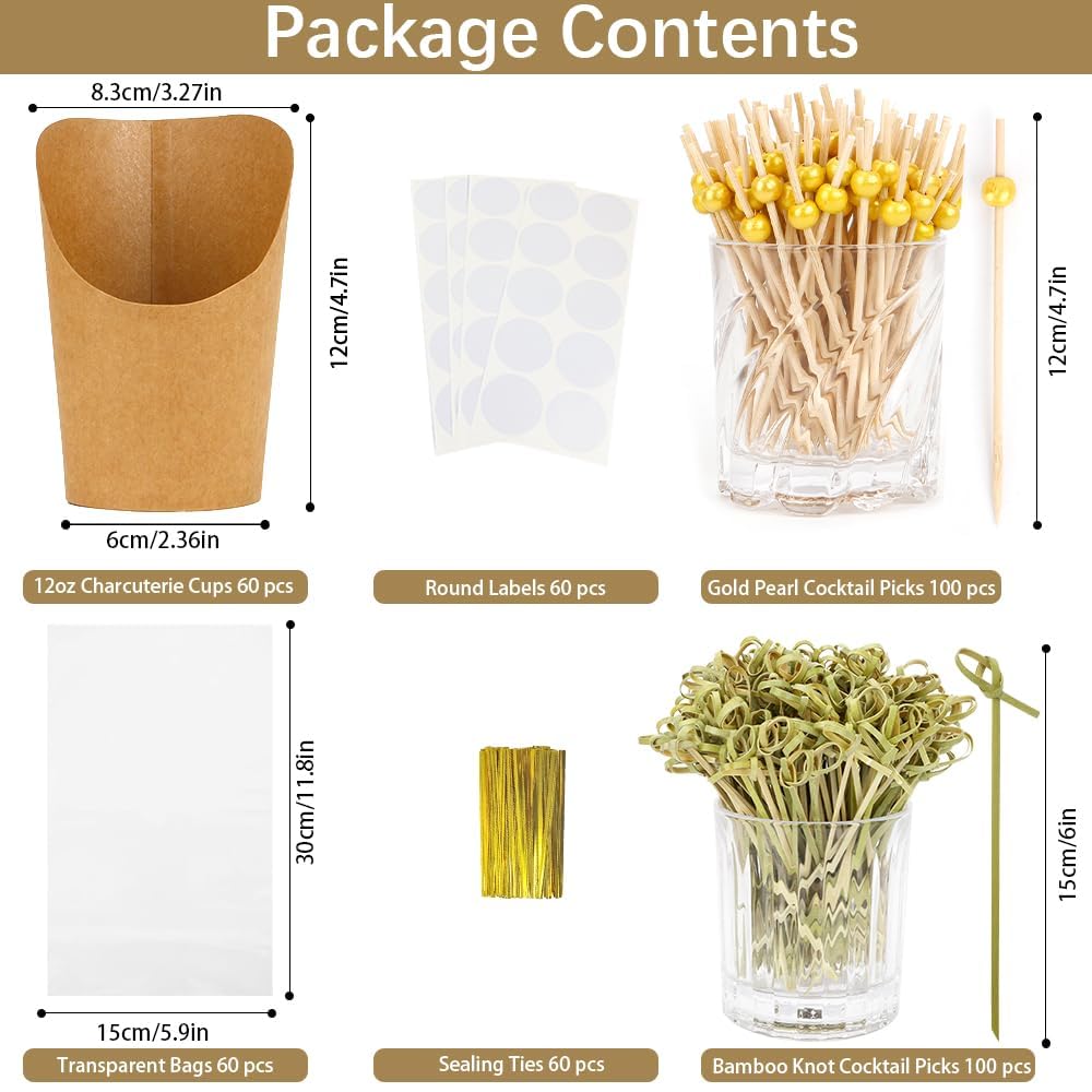 Charcuterie Box,60 Sets Charcuterie Cups,Charcuterie Accessories,Snack Cup,Charcuterie Cones,12oz French Fries Holder with Cocktail Bamboo Skewers Toothpicks 60 Cups+200 Sticks+60 Bags+60 Labels - Image 2