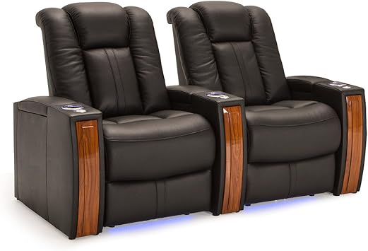 Seatcraft Monaco Black Italian Leather Home Theater Seating, Powered Headrest Wall Hugger Power Recliner, Gaming and Home Office Chair, Lounge Sofa Furniture for Private Family Cinema Room, Row of 2