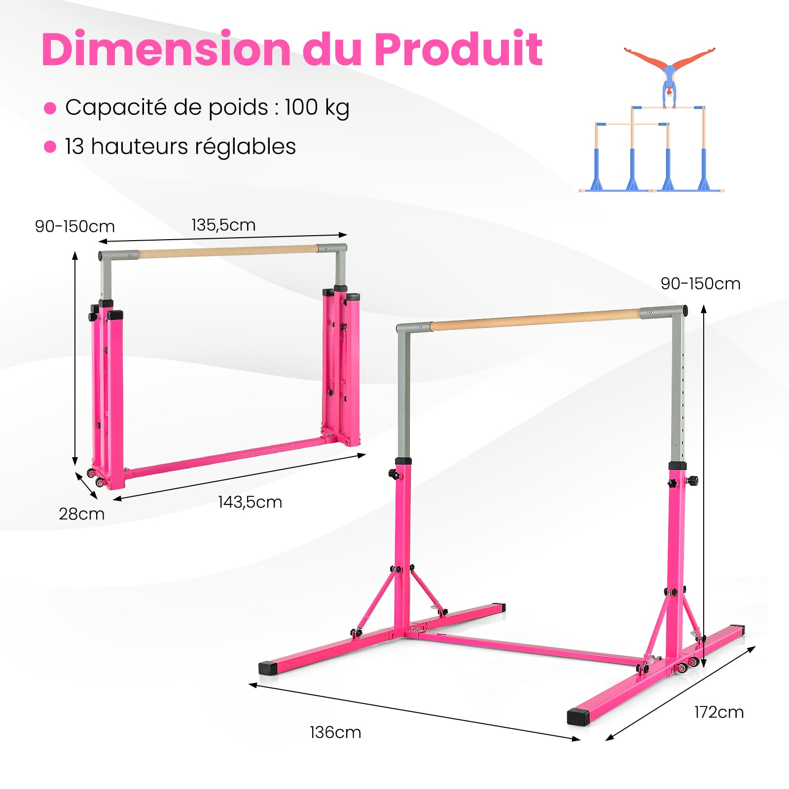 GOPLUS Barra de entrenamiento de gimnasia de acero, barra horizontal altura ajustable de 94 a 150 cm, capacidad de peso 100 kg, ideal para ejercicios en interiores, escuela, hogar, jardín