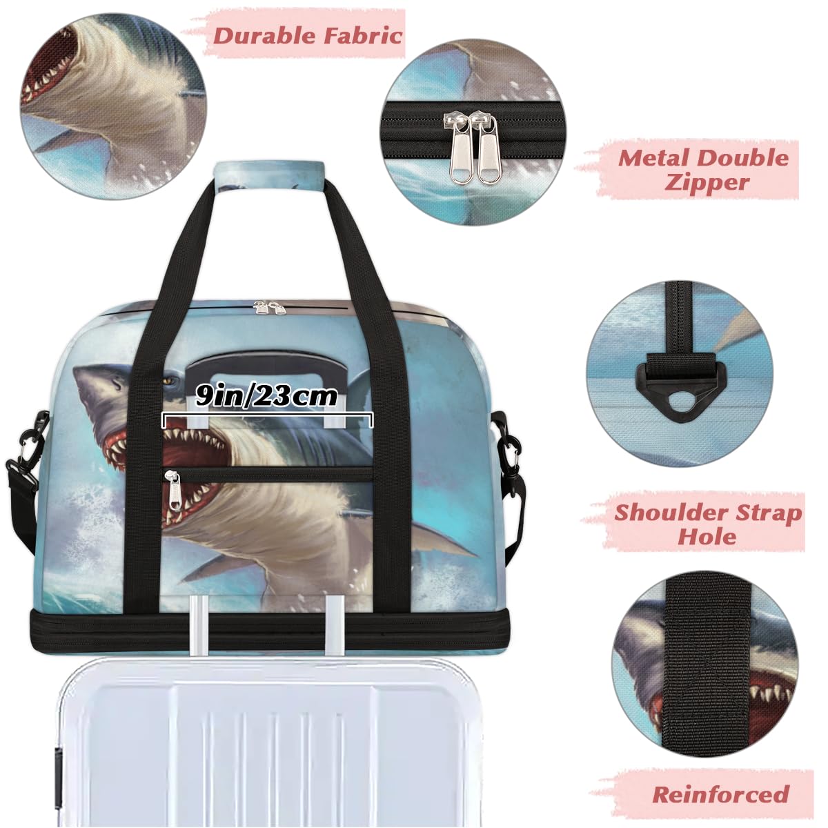 Sea Shark - Bolsa de viaje plegable con diseño de tiburón blanco de 47 litros, bolsa de fin de semana con funda para carrito de transporte, bolsa de hombro separada para deportes, gimnasio, viajes,
