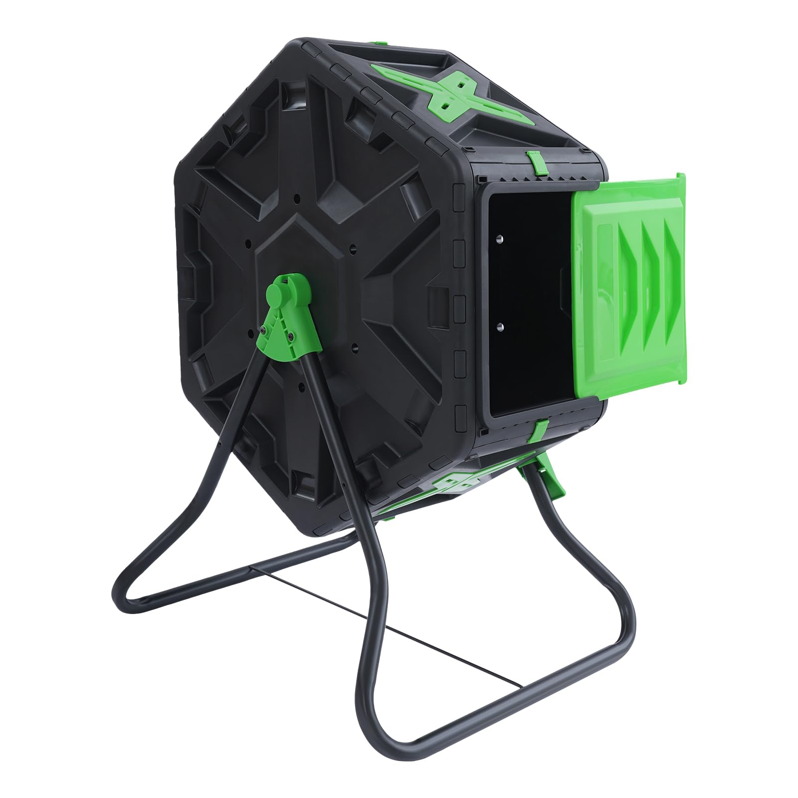 Compostador giratorio de 70 litros, contenedor de compostaje giratorio de 360°, contenedor de compost de una sola cámara, para jardines, balcones, patios, cocinas, económico y práctico, negro y verde