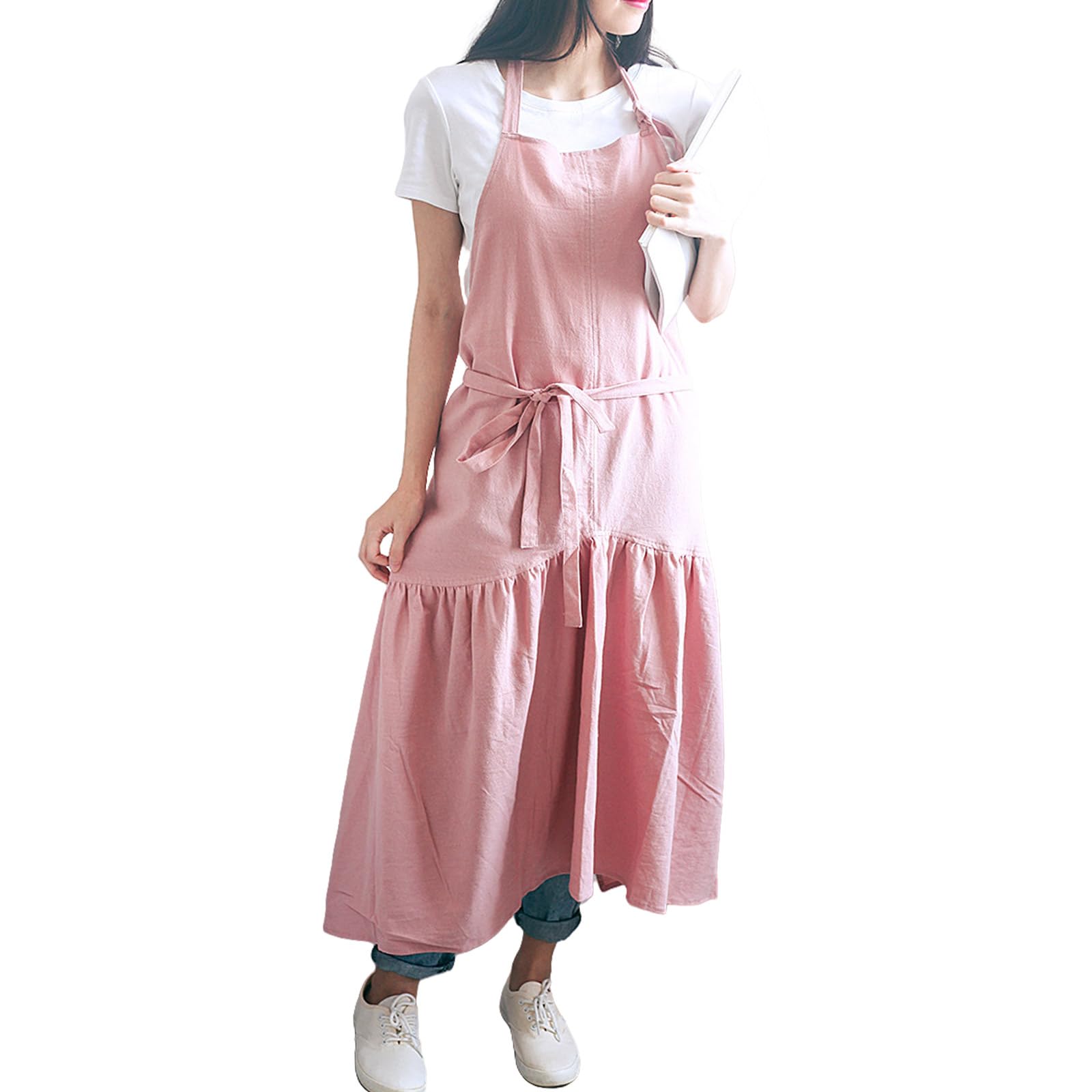 Tsophreniq Linen Apron Cooking Apron Plain Work Pinafore Dress Waitress Servant for Kitchen Bakery Restaurant Full Coverage