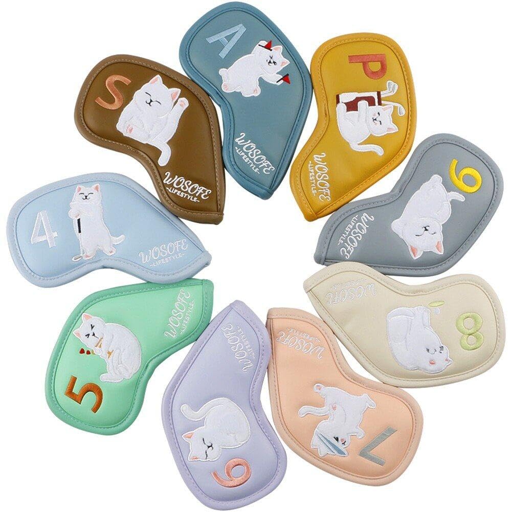 Couvre-chef de golf en cuir PU premium : 9 housses imperméables chat mignon